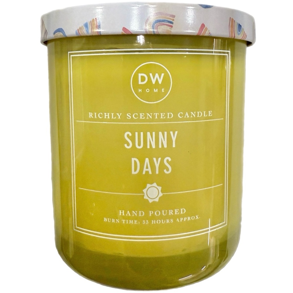 NWT! DW Home SUNNY DAYS Candle 9.3 oz. Rainbow Design Lid ~ Burn Time 33 Hours